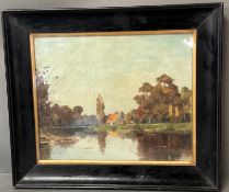 An oil on canvas of a lakeside cottage scene signed B Koster lower left 38cm x 33cm