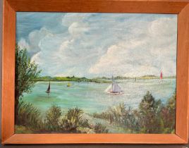 An oil on board of a sailing boats on the Norfolk broads 43cm x 33cm