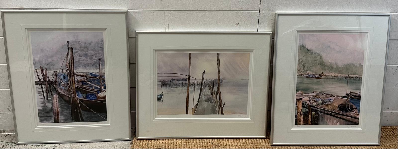Three prints of harbour side scenes signed CJ Grahame lower right