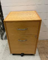A pine two drawer office filing cabinet with chrome handles (H65cm W45cm D45cm)