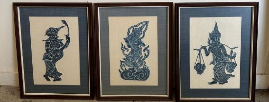 Three framed Thai stone rubbings on rice paper