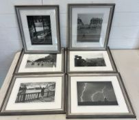 A set of six black and white prints in silver frames (Frame size 42cm x 37cm)