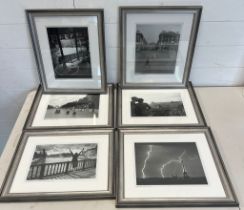 A set of six black and white prints in silver frames (Frame size 42cm x 37cm)