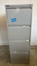 A grey Bisley four drawer office filing cabinet (H134cm W61cm D47cm)
