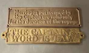 Two comical brass plaques 'Marriages performed by the Captain are valid only for the duration of the