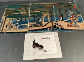 Three Japanese wood cut colour prints and a silk of a kitten