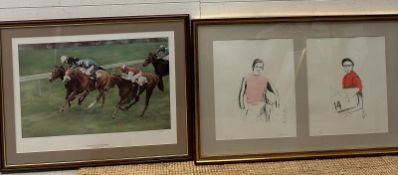 Two framed horse racing themed pictures. A print of “Oh So Sharp” leading the 1985 1000 guineas by