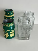 Two glass jars and two tin painted pots Condition Report weathered, no splits or missing slats, rust