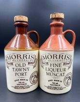 Two vintage Morris of Rutherglen glazed stoneware jugs, old tawny port and fine liqueur muscat