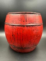 A vintage Chinese red lacquered rice pot with carved ornate lid H20cm