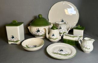 A quantity of vintage Tariffing West German Shepherd, sheep ceramics to include teapot, terrine,