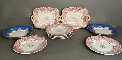 A selection of Victorian china plates in pink and gilt and a further two in blue and gilt