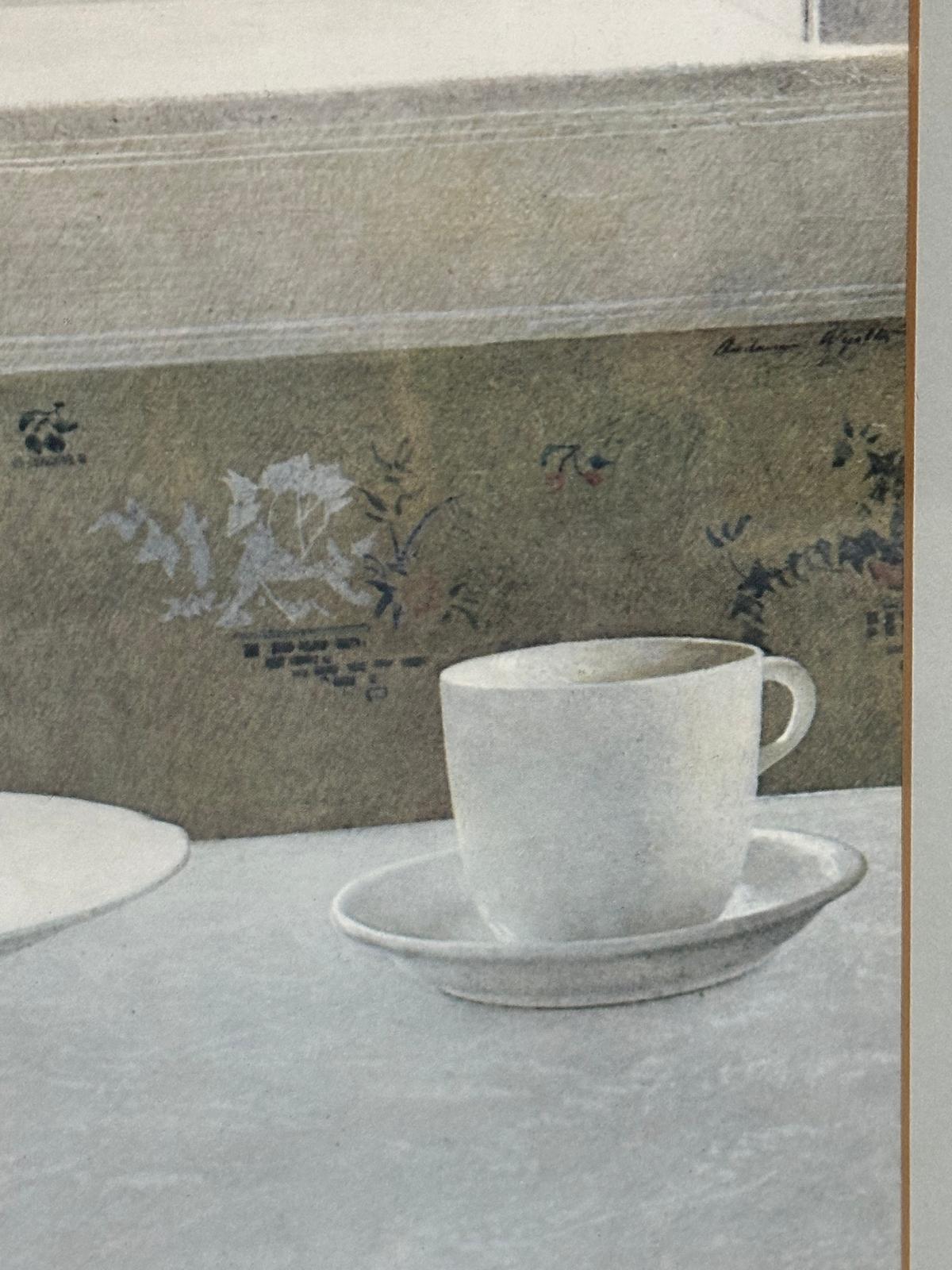 A print of a breakfast scene, a plate and coffee cup to foreground and a country scene though the - Image 3 of 4