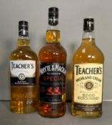 Three bottles of blended Scotch whiskey, two Teachers and a Whyte and Mackary