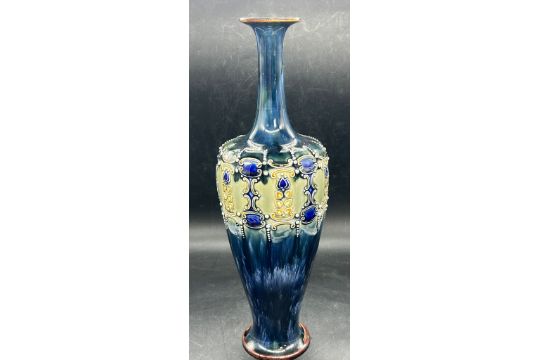 Royal Doulton tall stoneware vase, blue grounds and narrow neck with relief design, impressed - Image 6 of 6