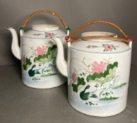 Two large porcelain tea pots with wicker handles(no lids) H25cm Condition Report chips to spout both