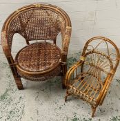 A rattan wicker chair and small childs chairs