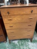 A teak five drawer chest of drawers (H140cm W78cm D44cm)