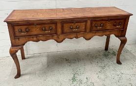 Queen Anne style oak server or dresser base, cabriole legs, shaped frieze and three drawers (H89cm