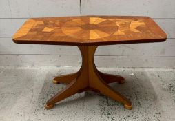 A Mid Century side table with marquetry inlay to top (H42cm W61cm D31cm)