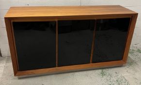 A sideboard with three black glass panelled front (H80cm W152cm D45cm