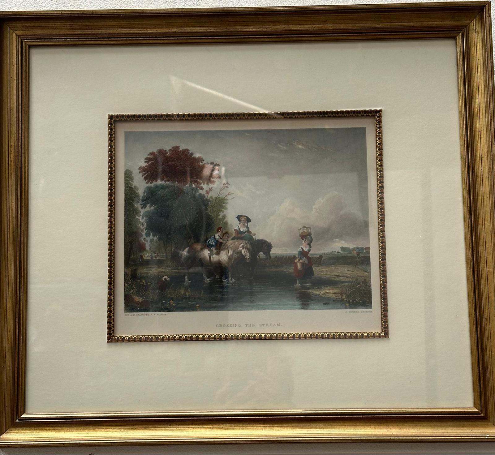 A hand coloured steel engraving titled "Crossing The Stream" by Sir AW Callcott