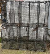 Two vintage numbered industrial metal school wire lockers, five lockers per unit with hooks