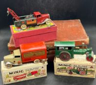 Three Vintage Minic Clockwork Toys to include: Steam Locomotive Green, Breakdown Lorry, Transport