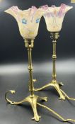 A pair of Benson lamps with Vaseline glass shade and an Edwardian adjustable brass table lamp on