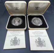 Two Silver commemorative proof crown coins commemorating Her Majesty The Queen Mother's 80th