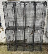 Two vintage numbered industrial metal school wire lockers, two units of four with hooks inside (