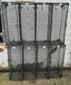 Two vintage numbered industrial metal school wire lockers, two unis of four with hooks inside (H80cm