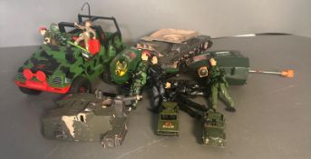 A selection of play worn and as found military toy vehicles and soldiers, various makers