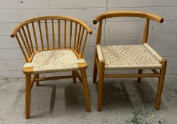 Two contemporary light wood dining chairs with cream rattan seats