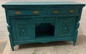 A turquoise blue painted sideboard with two long drawers and two carved cupboards under (H97cm