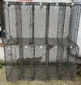 Two vintage numbered metal industrial school lockers, five lockers per unit with hooks inside (H80cm