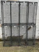 Two vintage numbered industrial metal school wire lockers, two unit of four with hooks inside(