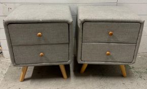 A pair of Prado grey fabric two drawer bedside tables on splayed legs