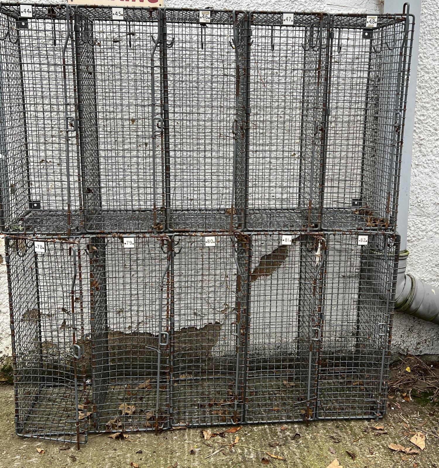 Two vintage numbered metal industrial school lockers, two units of five (H80cm W150cm D30cm)