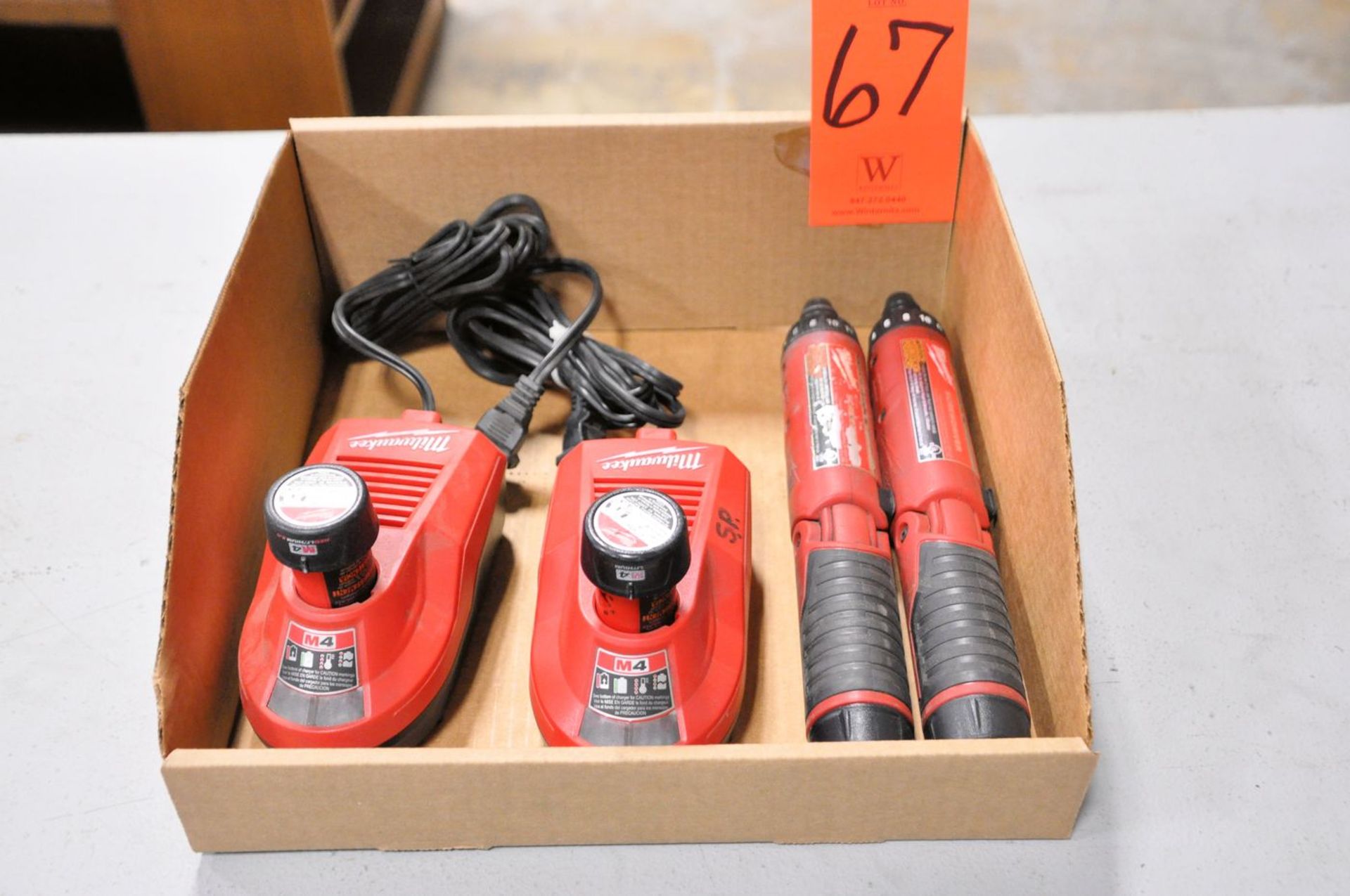 Lot - (2) Milwaukee 1/4 in. Cat. No. 2101-20 4-V Cordless Hex Screwdrivers, with (4) Batteries