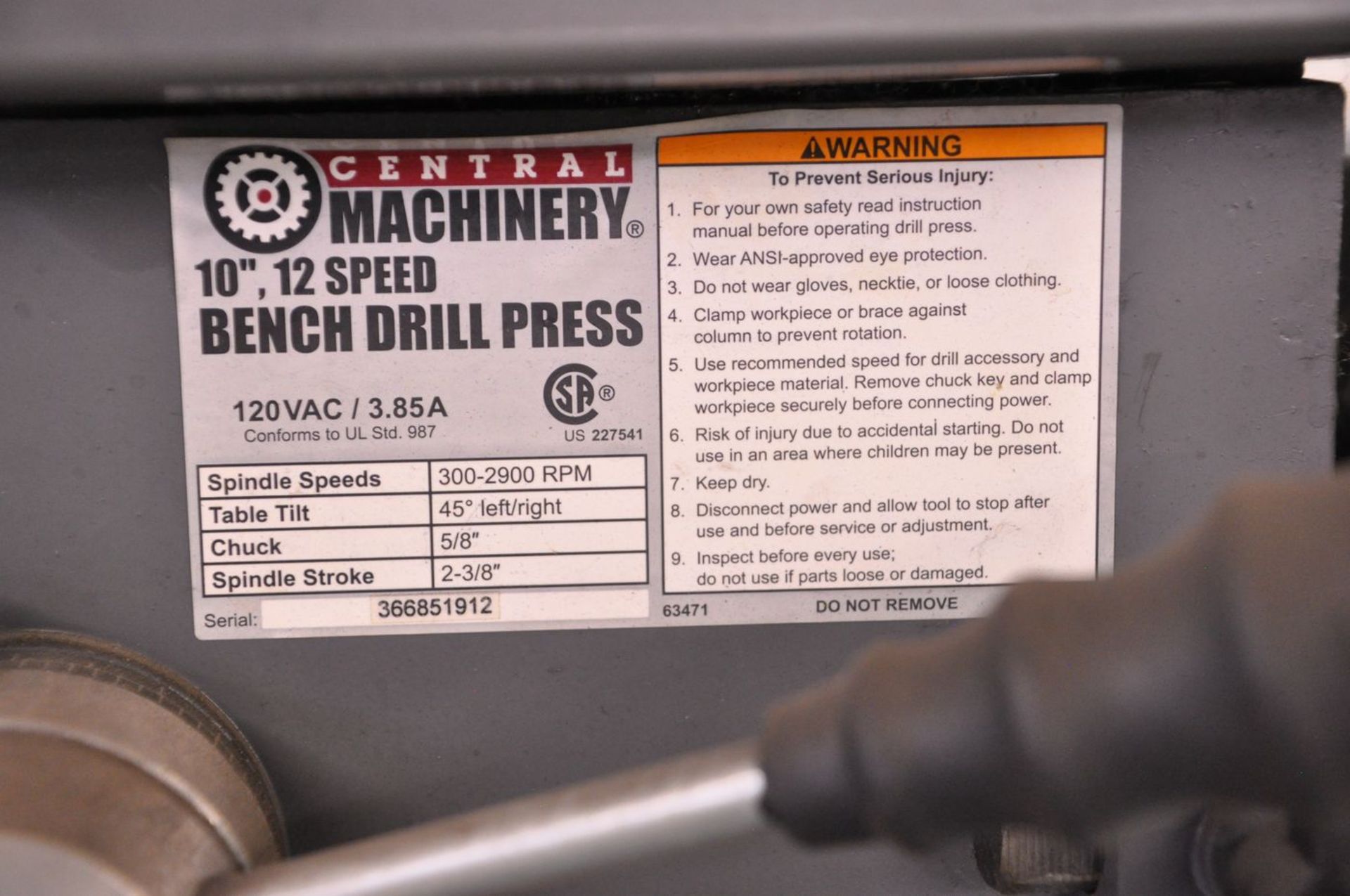 Central Machinery 12-Speed 10 in. Bench-Type Drill Press, S/N: 366851912 (2019); with 7-1/2 in. x - Image 5 of 5
