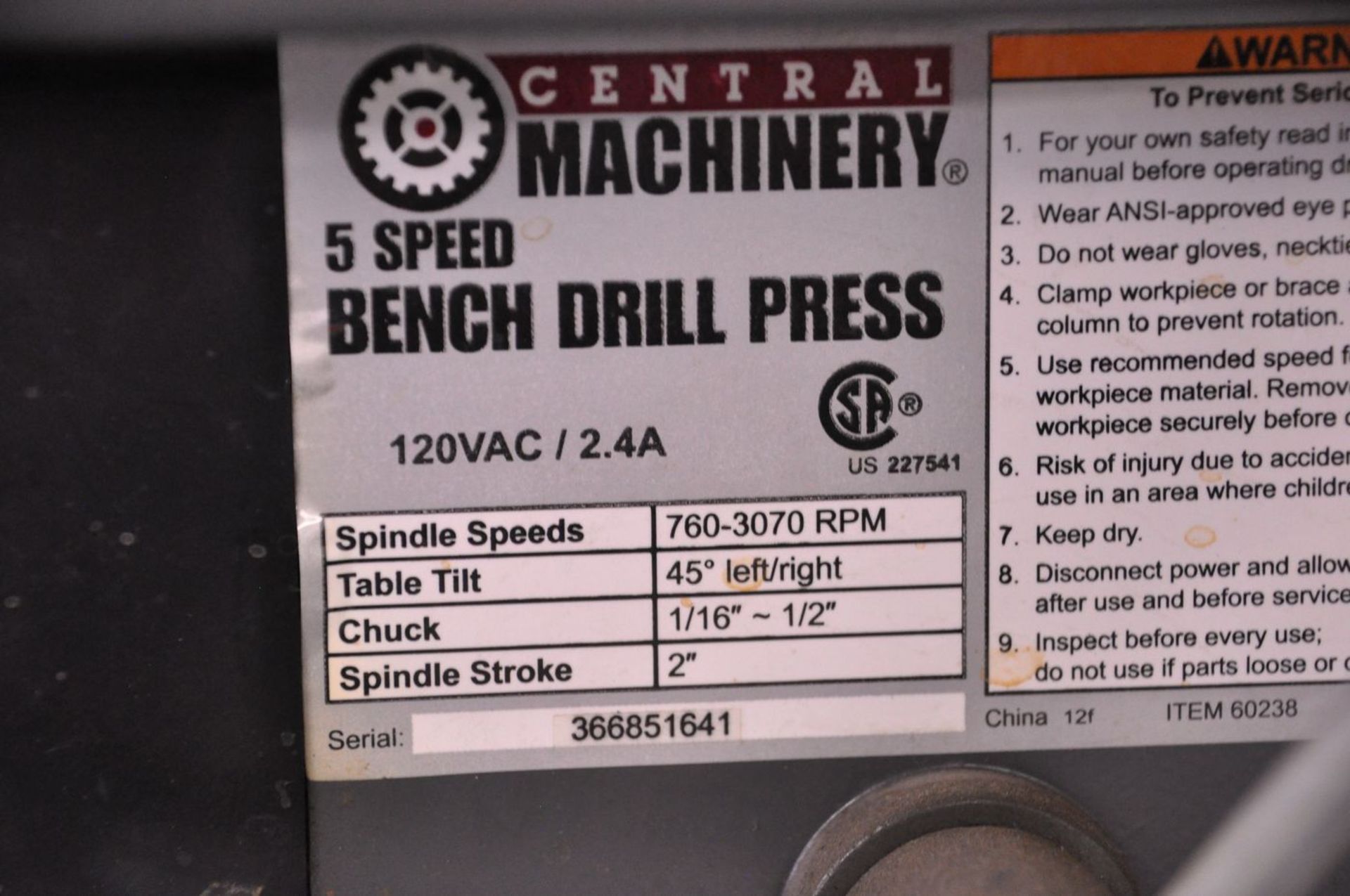 Central Machinery 5 Spd. Bench Drill Press, S/N: 366851641 (2017); with 6 in. x 6 in. Work Table - Image 5 of 5