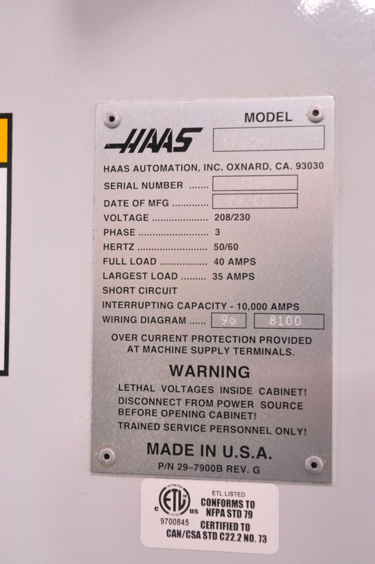 Haas Model VF-2D CNC Vertical Machining Center, S/N: 43534 (2005); with 36 in. x 16 in. (approx.) - Image 8 of 8