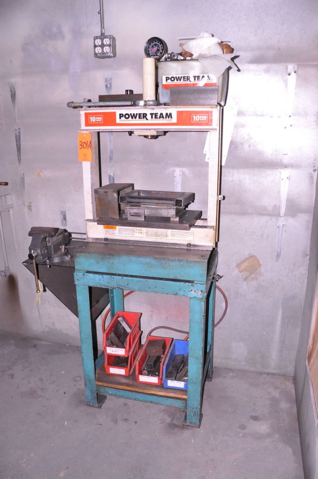 Power Team 10-Ton H-Frame Press, S/N: 30AK717558 (2007); with 4-1/2 in. Bench Vise