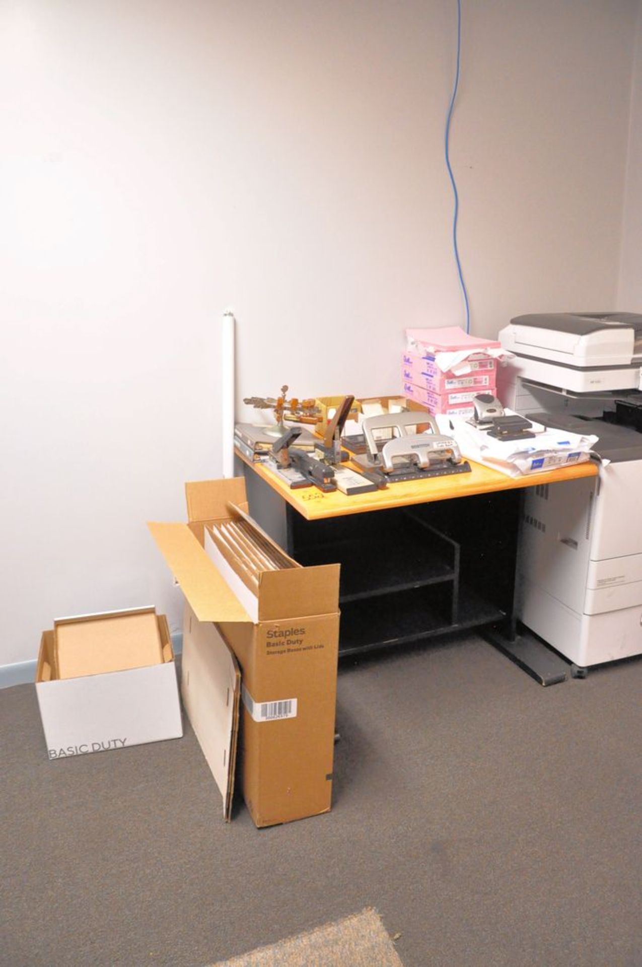 Lot - Desk and Cart with Office Supplies, in (1) Room
