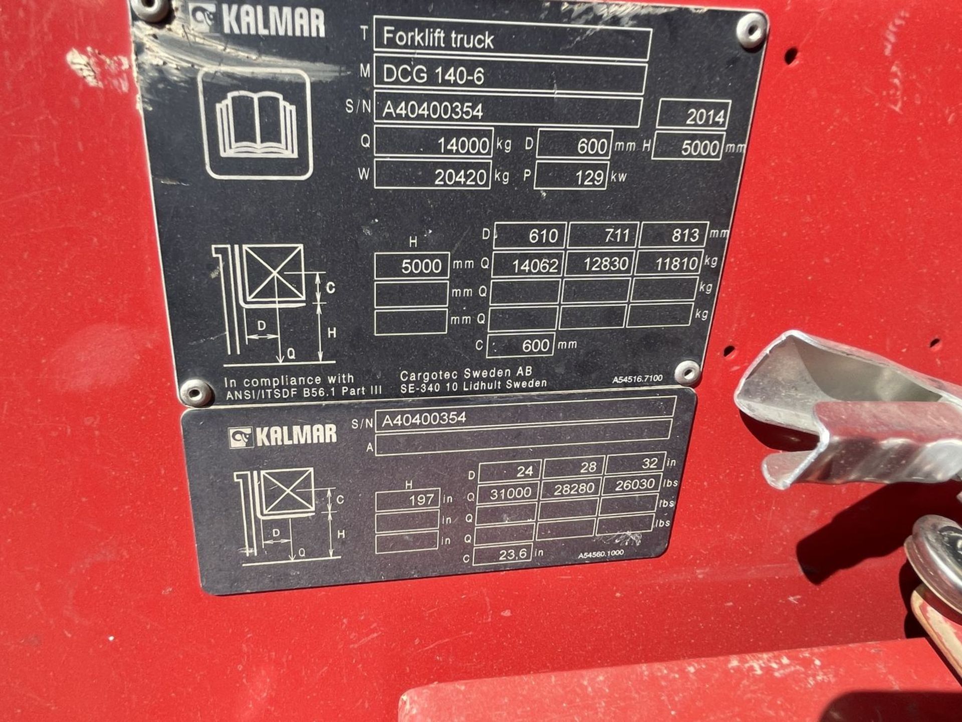 Kalmar 31,000 lb. Cap. Model DCG140-6 Diesel Yard Lift, S/N: A40400354 (2014); with 2-Stage Mast, - Image 7 of 18
