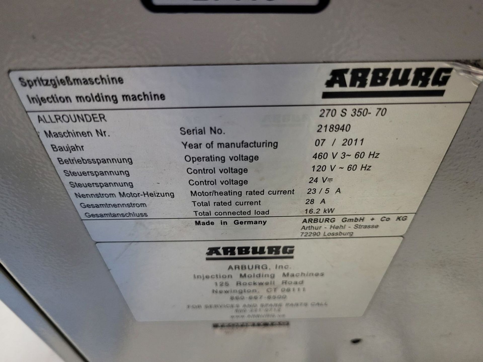 Arburg 38-Ton Cap. Allrounder 270S 350-70 Hydraulic Injection Molding Machine, S/N: 218940 (2011); - Bild 12 aus 15