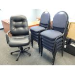 Lot - (11) Assorted Chairs; to Include: (1) Swivel, Black and (10) Stackable, Blue