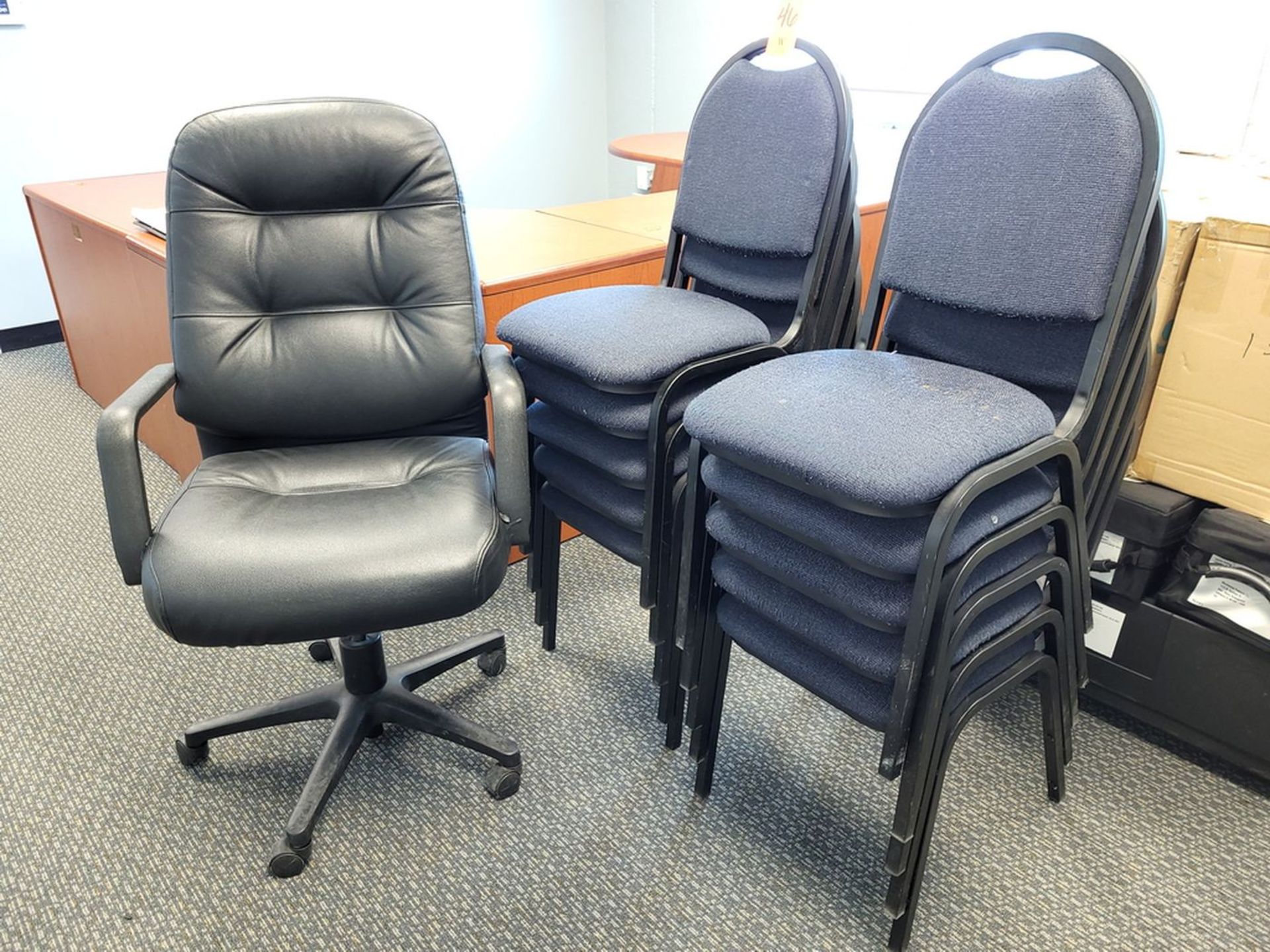 Lot - (11) Assorted Chairs; to Include: (1) Swivel, Black and (10) Stackable, Blue