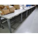 Lot - (5) 8 ft. x 3 ft. Laminate Worktables; Adjustable Height, All with Electric Fan Mount (Late